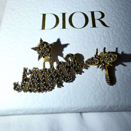 Authentic Christian Dior J'Adior Mismatched Bee Star Earrings Ruthenium Crystal