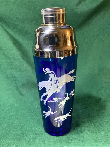 ART DECO Circa 1930s Hazel Atlas “THE HUNT” Cocktail Shaker COBALT BLUE & WHITE