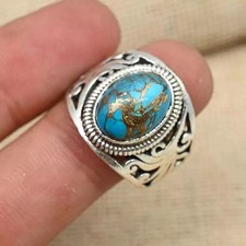 Solid 925 Sterling Silver Blue Copper Turquoise Gemstone Men's Ring All Size S08