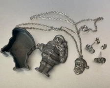 TORINO Vintage Pewter Santa Claus Trinket Box Jewelry Set Christmas