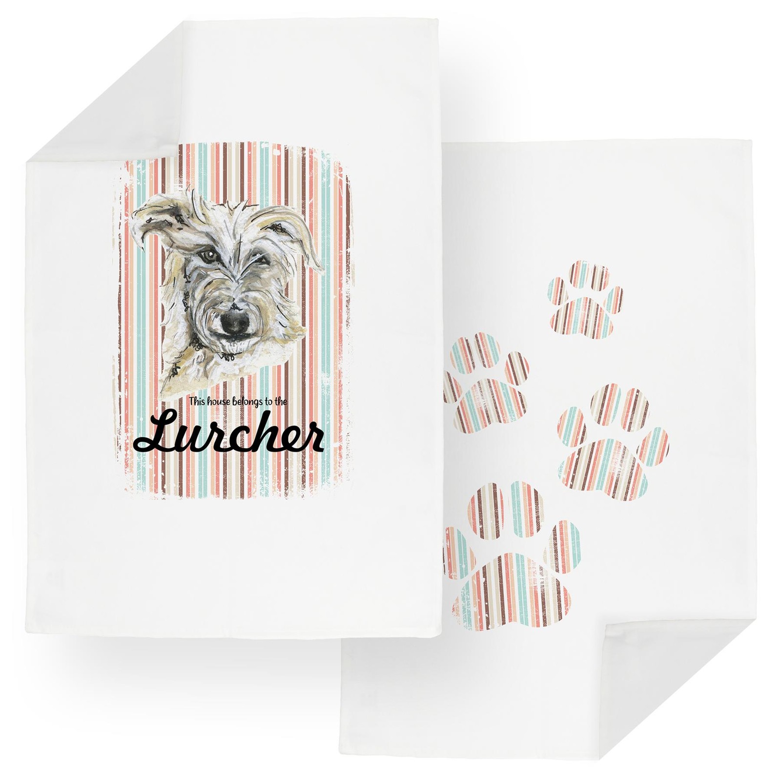 Lurcher Tea Towel Set - Novelty Dogs & Paw Prints Kitchen Linens Gifts