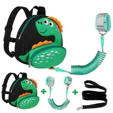 Toddler Backpack Harness with Safety Leash, Black/Green Dinosaur, Green Link