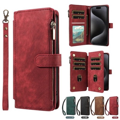Zip Wallet Case Leder Flip Cover für iPhone 17 15 16 Pro Max 14 13 12 11 XR 8