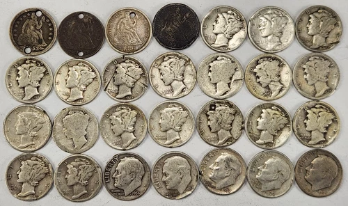 Lot of 28 Dimes Damaged Bent Holed 90% Silver US Coins $2.80 Face Junk As-Is