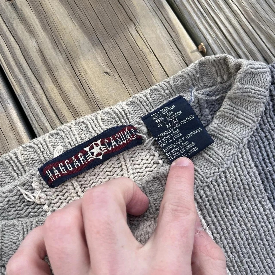 Винтажный 90-х Haggar повседневные кабель трикотажа серый в полоску дедушка свитер мужской M - Изображение 3 из 4