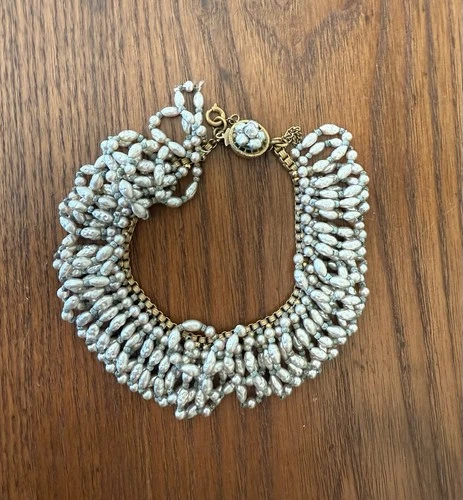 VTG SIGNED MIRIAM HASKELL Baroque Pearl Multi-Strand Bracelet Gold Clasp - Gray