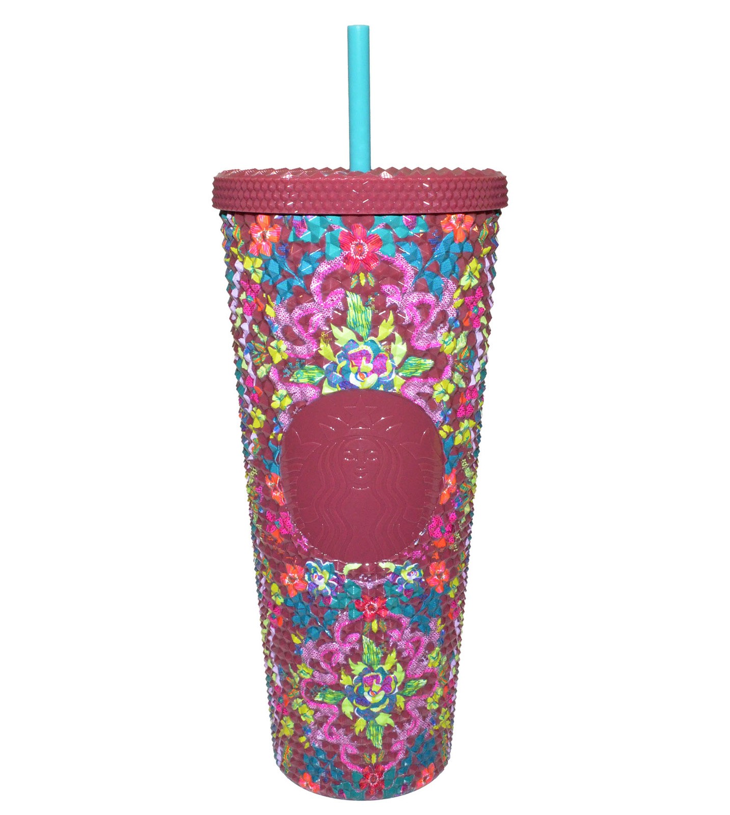 New Starbucks 24oz Floral Diamond Studded Cold Cup Tumbler - Lid w/Straw