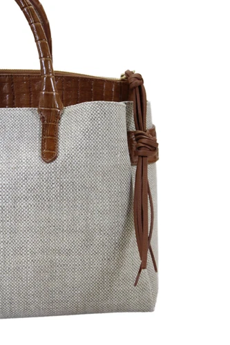 Nancy Gonzalez Womens Genuine Crocodile Canvas Textured Tote Bag Beige - Imagen 2 de 6