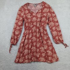 Lark + Grey Mini Dress Womens Small Rust Paisley Long Sleeve Boho V-Neck