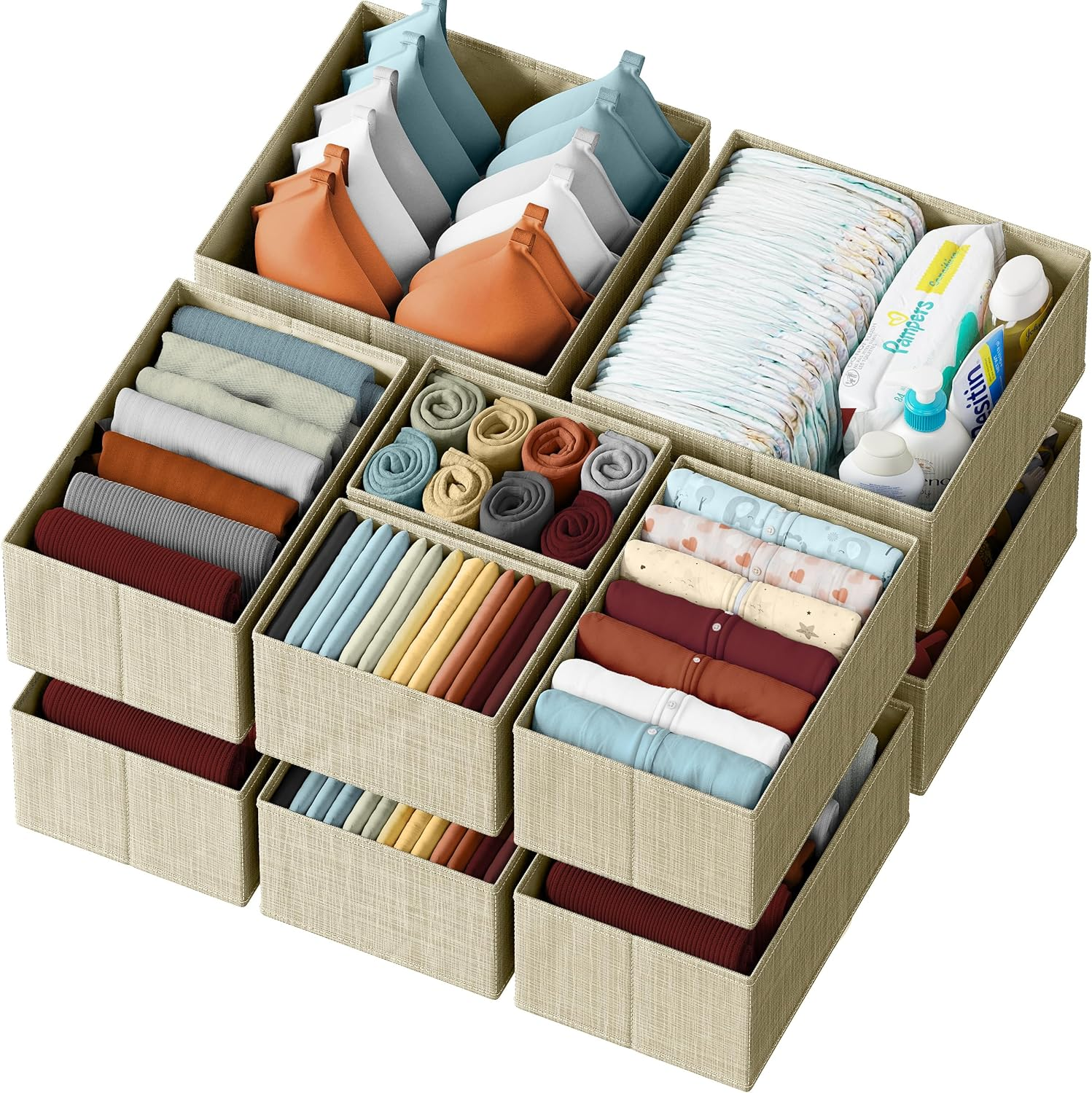 Beige 12-Piece Drawer Organizer Set for Nursery or Bedroom Clothes Storage