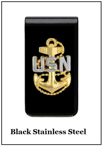 USN Money Clip - Gold Anchor US Navy Emblem - Black Stainless Steel
