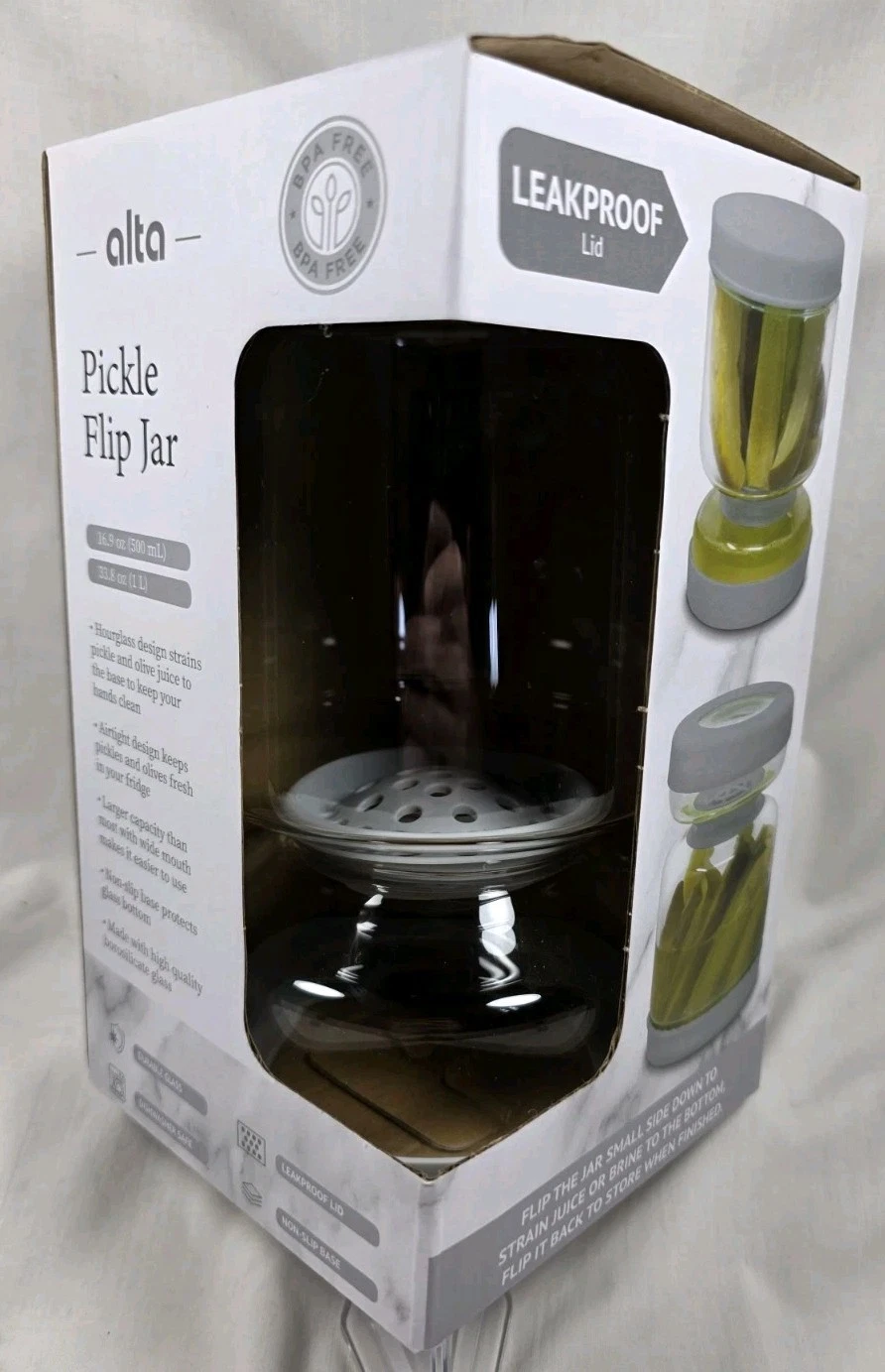 Alta Hourglass Pickle Flip Jar Dove Gray Leakproof Lid 33.8oz 1L
Opens in a new window or tab