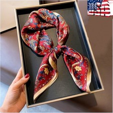 100 Mulberry Silk 27" Square Women Scarf Neckerchief Wrap Vintage Red Flower