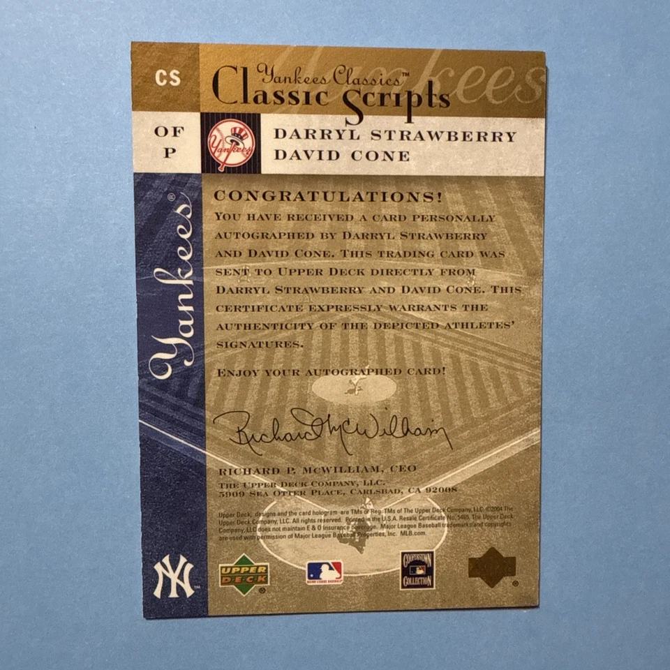 2004 Upper Deck Yankees Classic Scripts Darryl Strawberry David Cone Auto /100 - Image 2 of 2
