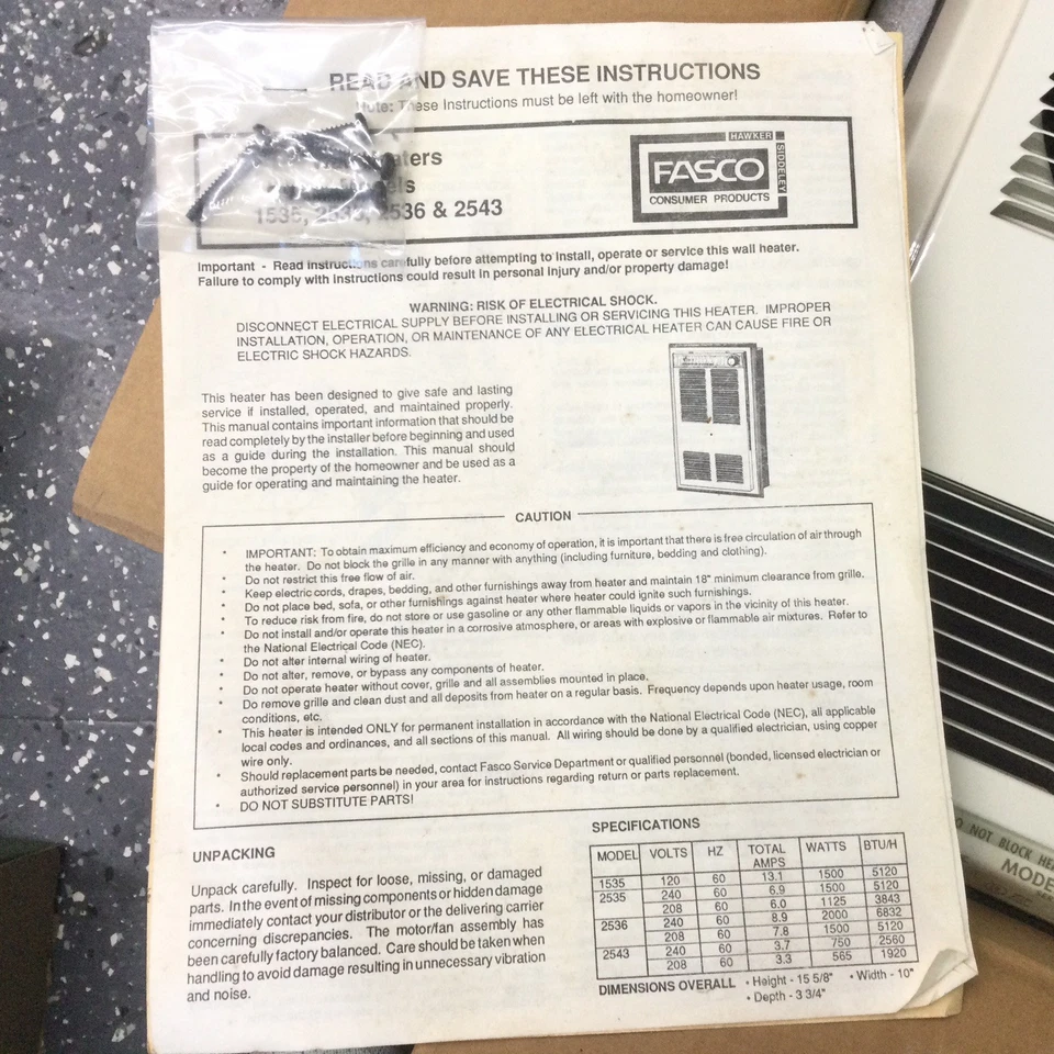 Fasco Forced Air Wall Heater 14”x9” Vintage 1500W Never Installed - Image 2 of 3