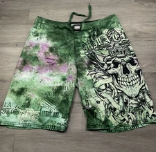 MMA Elite Board Training Shorts Mens Large Green Skull Grappling Y2K Graphic