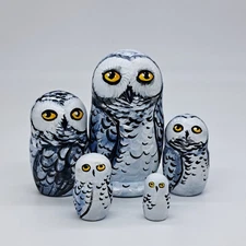 4" White Owls Nesting dolls 5 in 1 matryoshka Russian doll Handmade In Ukraine