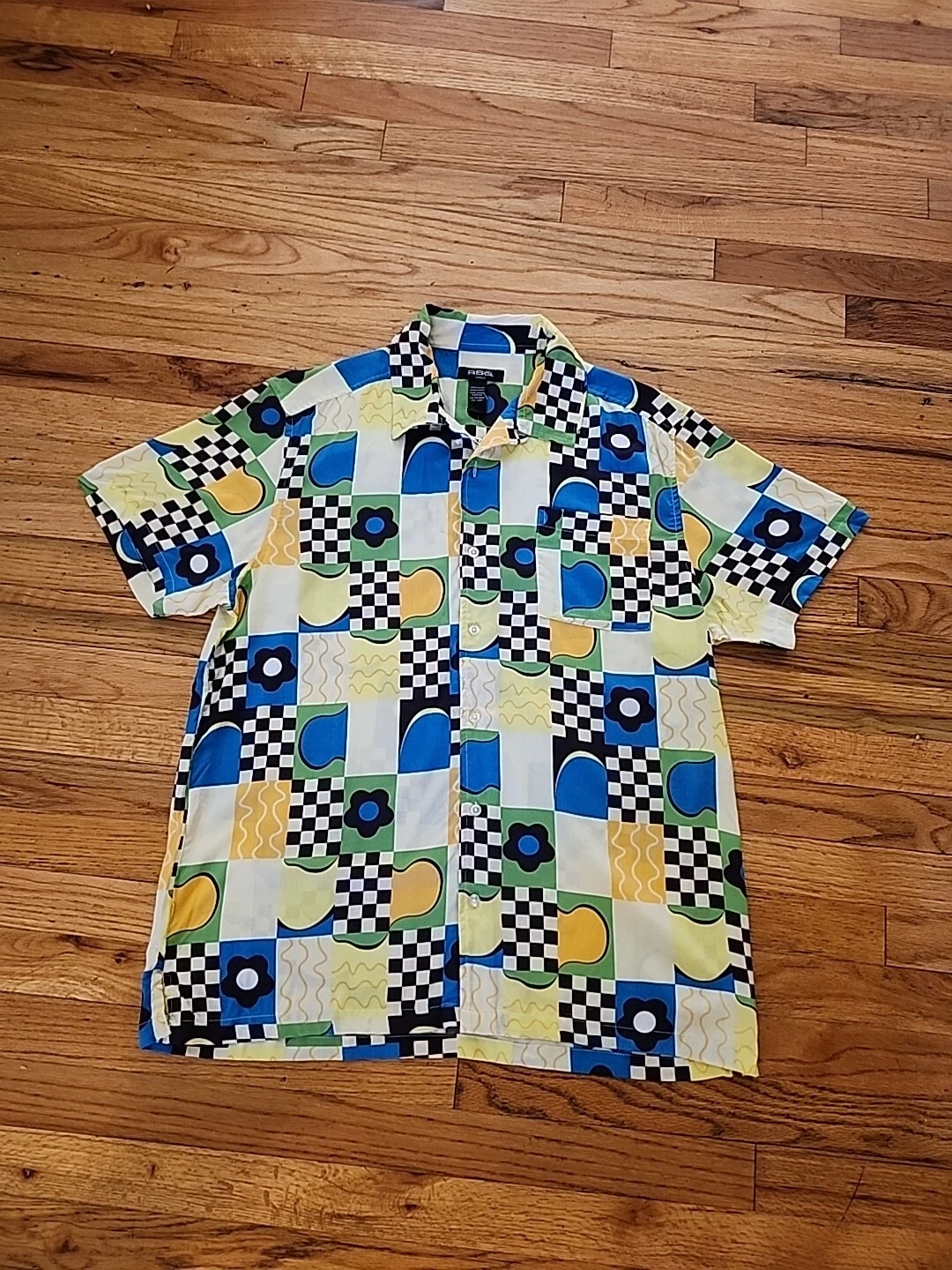 Mens RSQ Rayon Button Up Short Sleeve Hawaiian Black White Checkered Blue Black