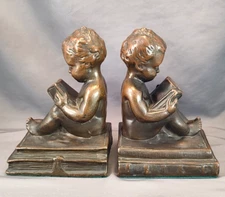 Antique Bronze Kathodian Bronze Works (KBW) Bookends - Cherub Reading Book