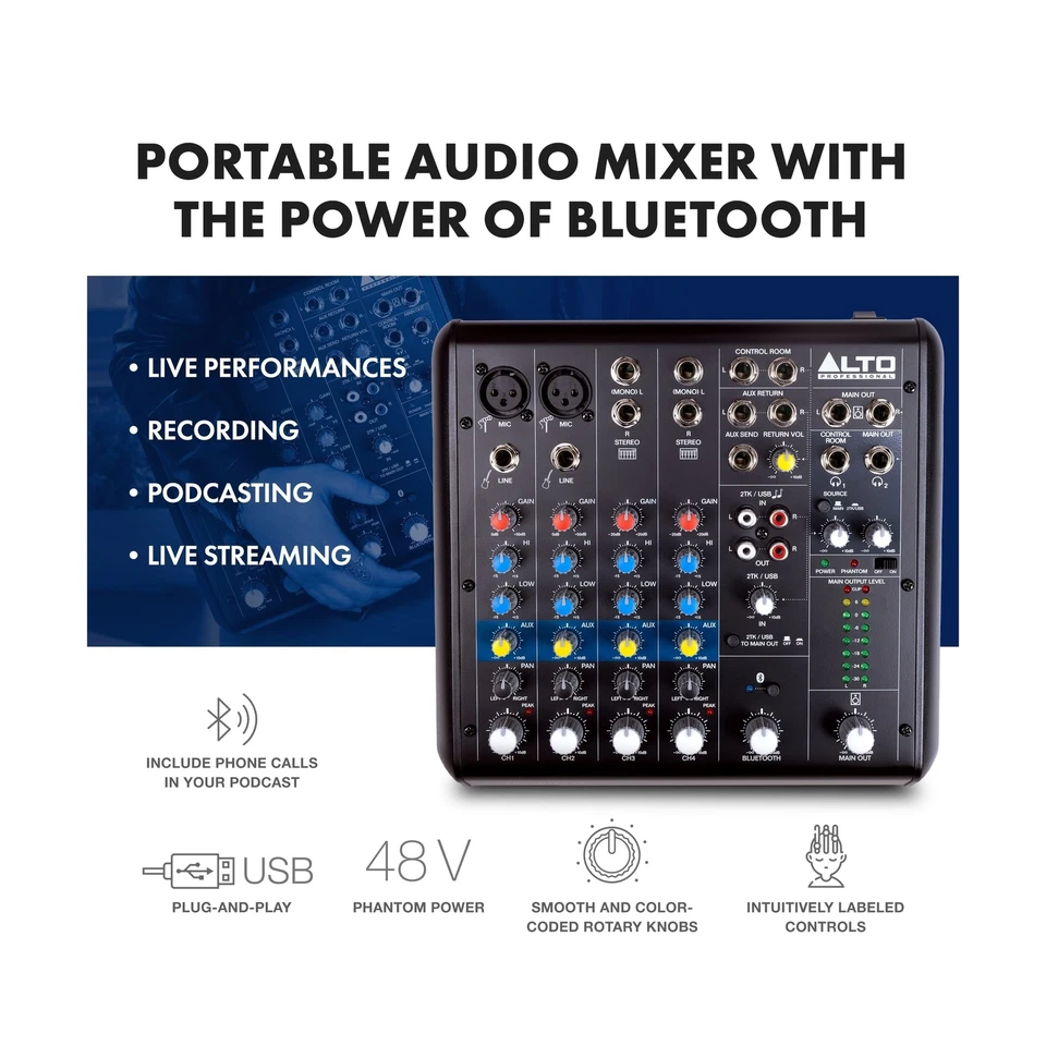 Alto TrueMix 600 Audio Mixer with 2 XLR Mic Ins, USB Audio Interface and Blue... - Image 2 of 4
