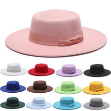 Hot Men Women Wide Hat Bow Panama Felt Fedoras Brim Simple Church Derby Top Hats