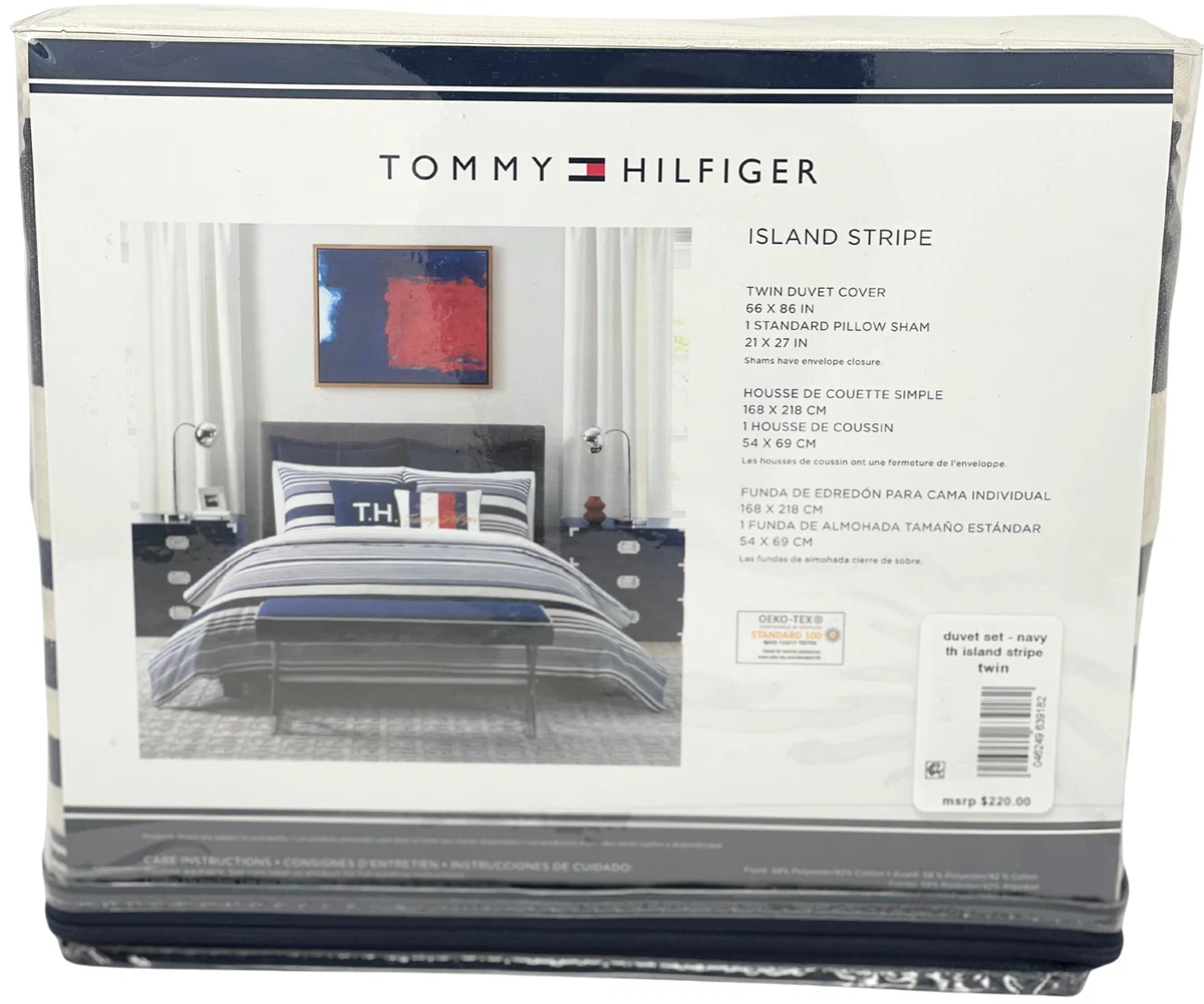 TOMMY HILFIGER TWIN 2 PC Duvet Cover Sham Set Navy Island Stripe NEW MSRP 220