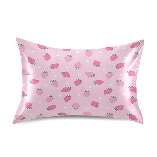 Pink Satin Pillowcase for Hair and Skin, Standard Size 20x26in Pink Strawberry - Foto 2 di 8