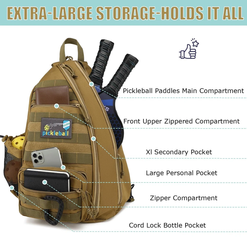 Pickleball Bag Tactical Pickleball Backpack for Women Men Adjustable Sling Bag