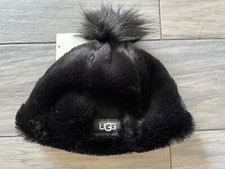 UGG KIDS FAUX FUR BEANIE WITH POM POM, BLACK, NWT 65