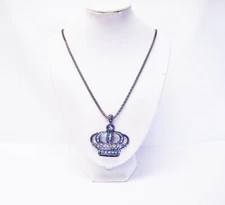 Chunky Gum Metal Crown w/Blue Crystals Pendant Necklace 