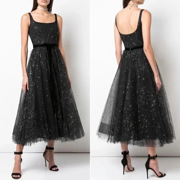 $695 NEW Marchesa Notte Silver Star Tulle Dress Black Midi