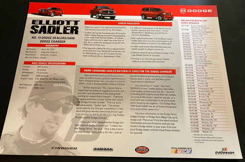 2006 Elliott Sadler #19 Dodge Charger - NASCAR Nextel Cup Hero Card Handout - Afbeelding 2 van 2