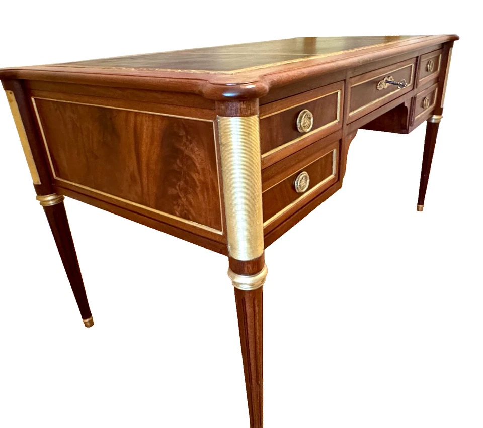 Louis XVI French  Mahogany/Burled/Leather Bureau Plat Desk Late 19th Century - Image 4 of 4