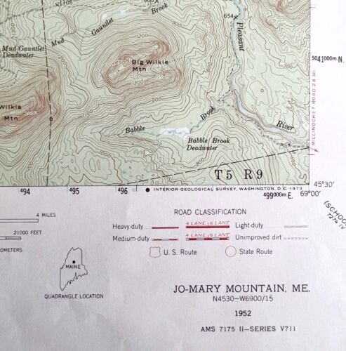 Map Jo Mary Mountain Maine 1952 Topographic Geo Survey 1:62500 22 x 18" TOPO2 - Foto 1 di 2