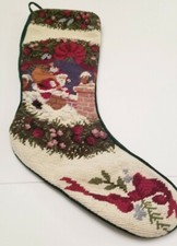 VTG Christmas 22" Stocking Santa w/Toy Bag Chimney Green Velour Back   Flaws 