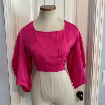New KOCH Women s XS Billie Top Blouse In Punch Hot Pink Cropped Puff Sleeve