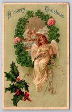 Postcard A Merry Christmas Angel Flowers Antique Holiday USA Posted 1908