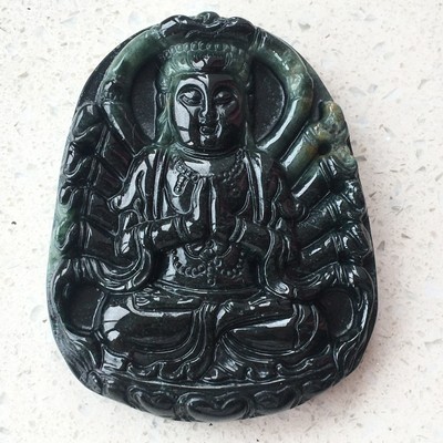 100% Natural Certified black green old jadeite amulet Jade Guanyin pendant 8938
