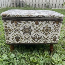 Vintage Redmon Storage Ottoman Sewing Box / Foot Stool Wood Legs