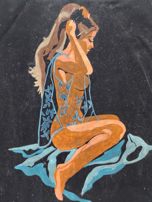 Vintage Nude Woman Dolphin Velvet Art Painting Artist Signed 1974 28x21.5''