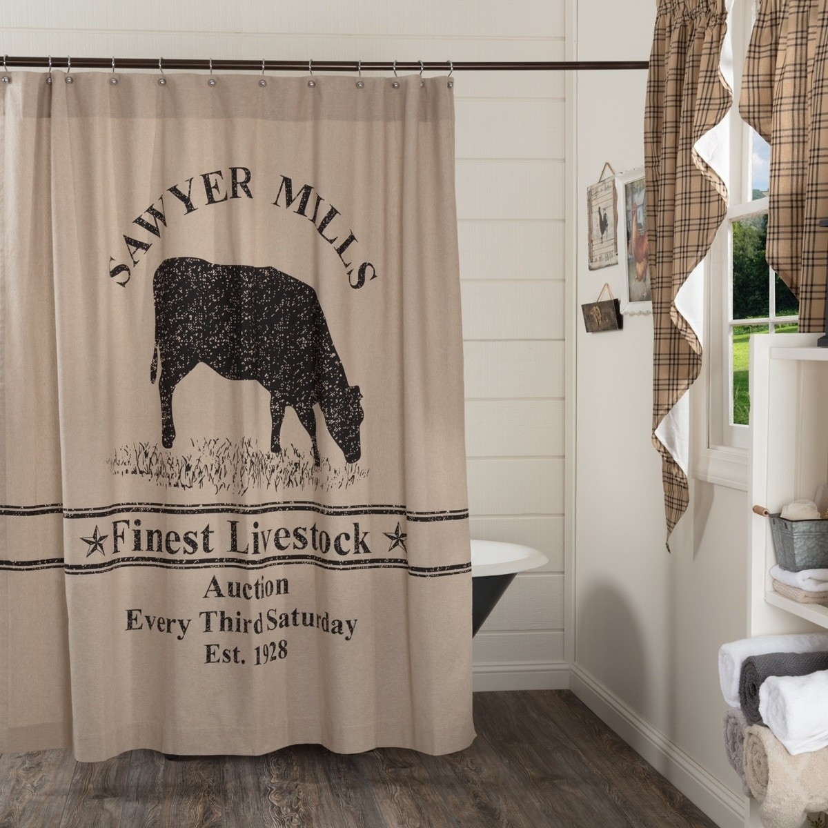 Sawyer Mill Charcoal Cow Print Khaki Asphalt Shower Curtain 72x72