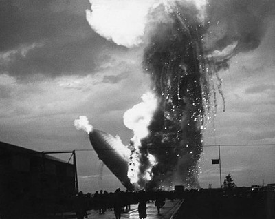 German Zeppelin Hindenburg burning on ground after explosion May 6- Old Photo
