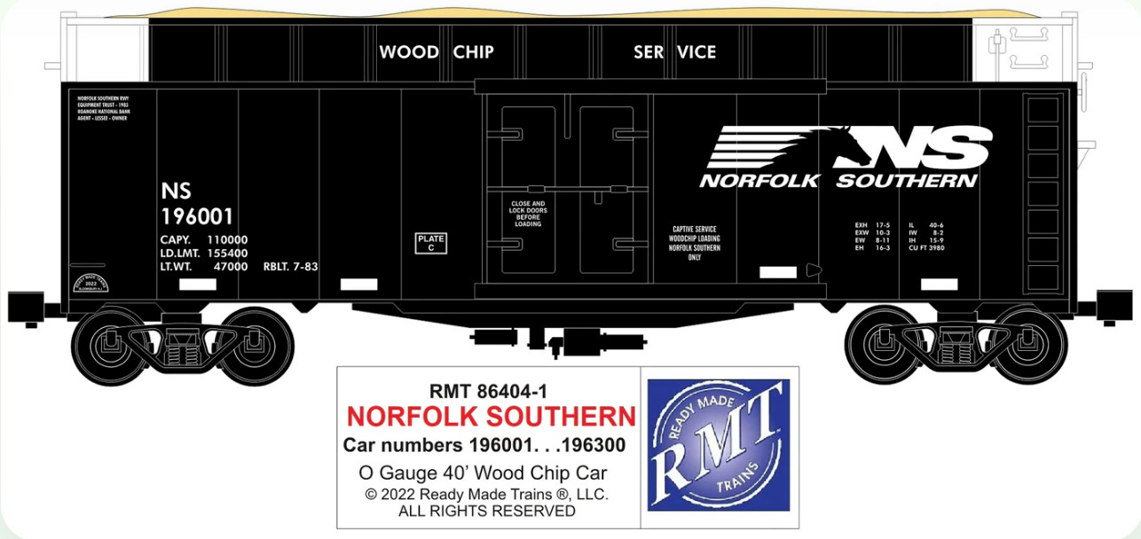 Ready Made Trains O Gauge Norfolk Southern NS #196077 Woodchip Car RMT-86447