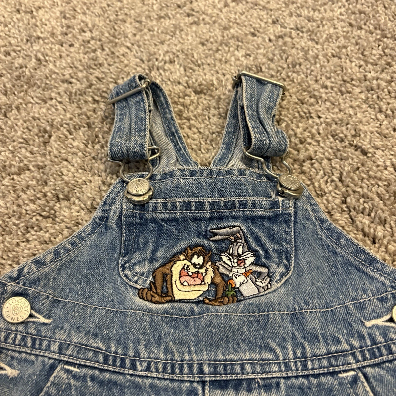 Rare Vintage 90s Looney Tunes Tasmanian Devil Blue Jean Denim Overalls Baby 6M