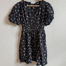 Madewell XXS “Petite Challis Sophia Mini Dress” Black Floral V-Neck Puff Sleeve