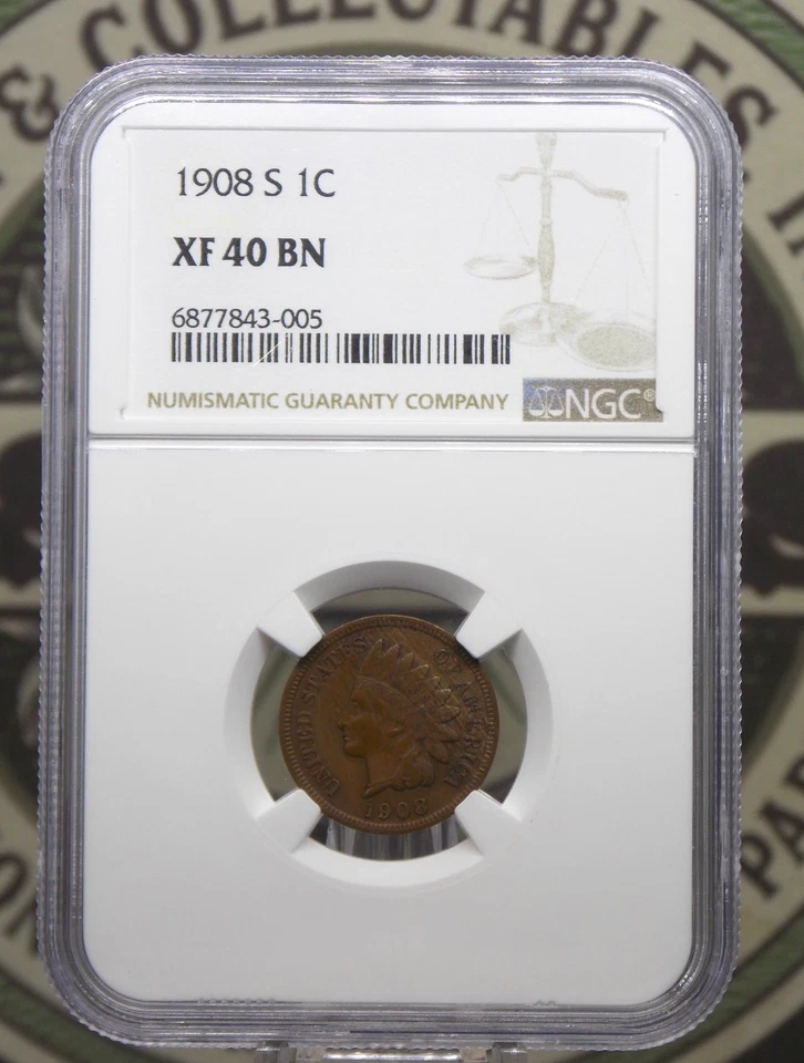 1908 "S" Indian Head Cent Penny 1c NGC XF40 BN #005 Extra Fine ECC&C, Inc. - Image 3 of 4