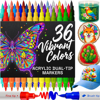 Dual Tip Acrylic Paint Markers Brush Fine Tip Non Toxic Multi Surface