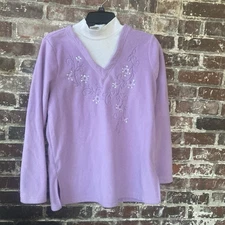 Blair Floral Sequin Embroidered Fleece Tunic Layered Collar Purple Small Twofer