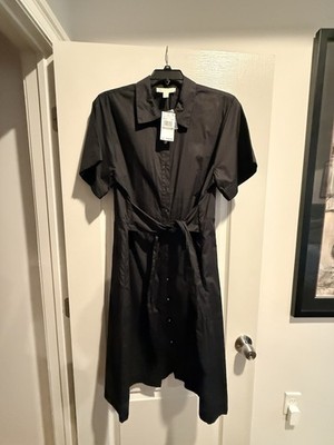 Michael Kors NWT 1X Womens Black Short Sleeve Button Front Midi Shirt Dress Tie