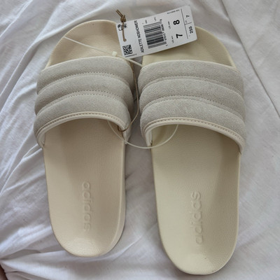 adidas Adilette Comfort Men's Cushioned Slide Sandals Beige Logo US 8